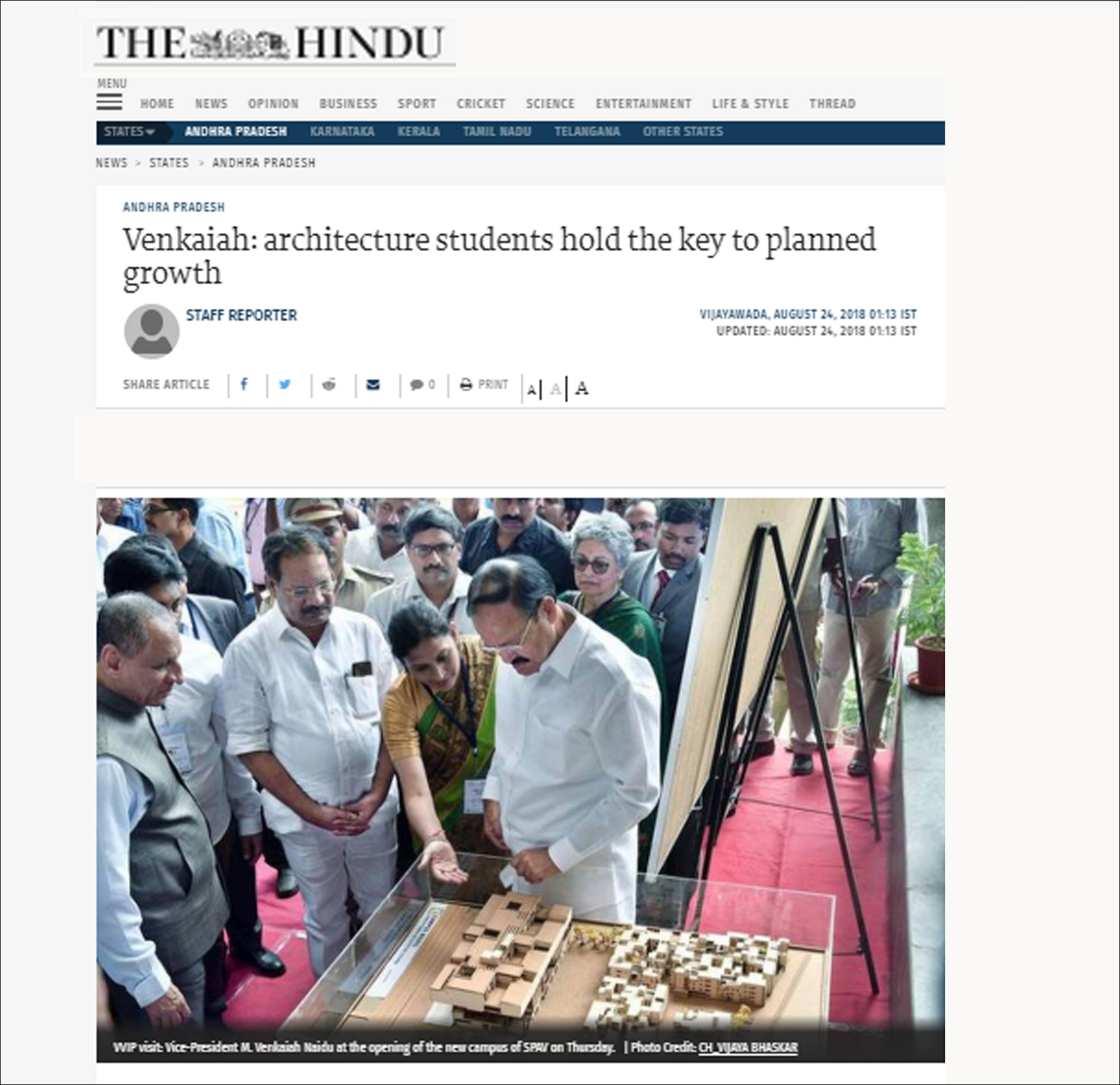 Venkaiah architecture students hold the key to planned growth , The Hindu - On 24 August 2018